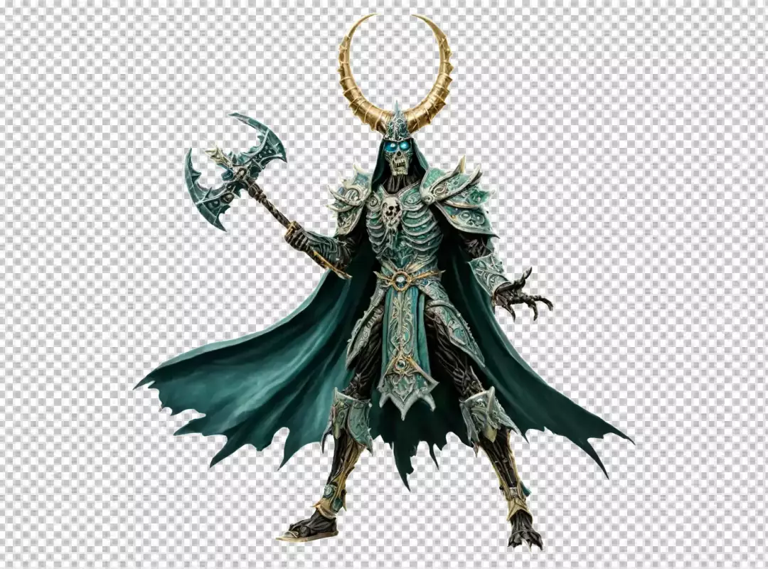 Dark Fantasy Lich King in Elaborate Teal Armor and Golden Horns