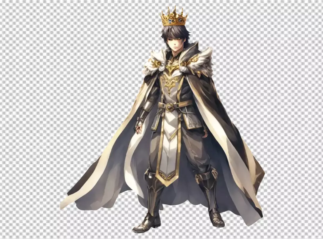 Young Anime King in Majestic Gold Crown and Elegant Fantasy Armor with Flowing Cape