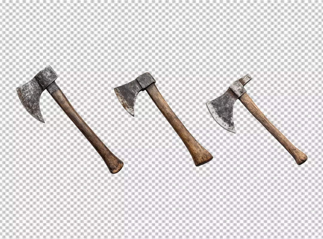 Collection of Rustic Old Axes with Wooden Handles PNG Cutout Resource
