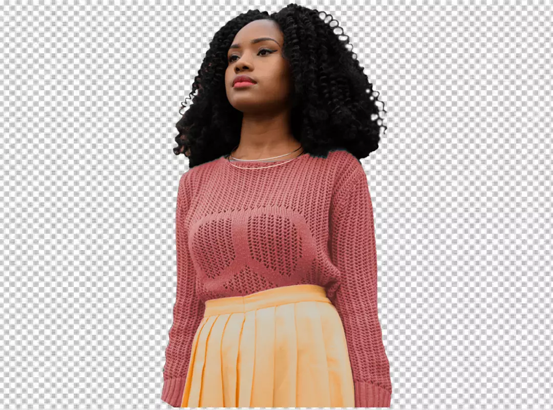 Stylish Young African American Woman in Pink Knitted Sweater and Yellow Skirt