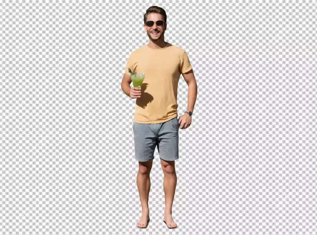 Smiling Man in Sunglasses Holding a Refreshing Green Cocktail for Summer Fun