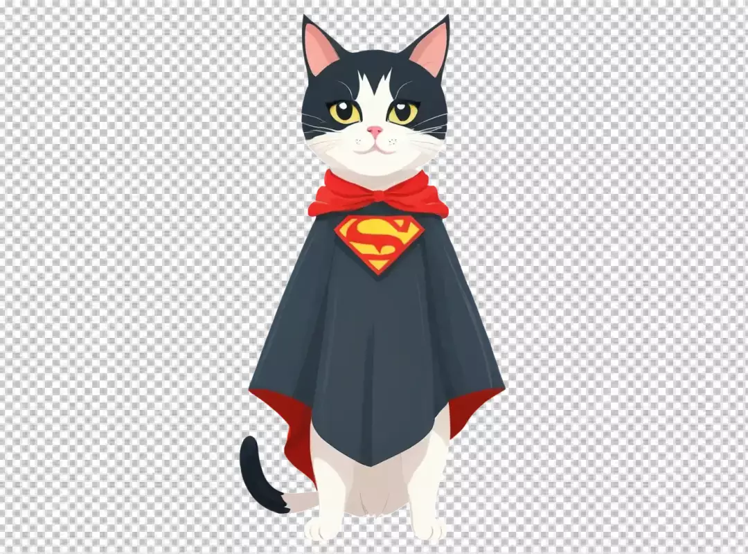 Adorable Black and White Cat in Iconic Superman Costume Illustration