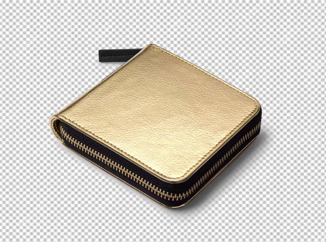 Elegant Golden Leather Pouch with Black Zipper Isolated on White Background