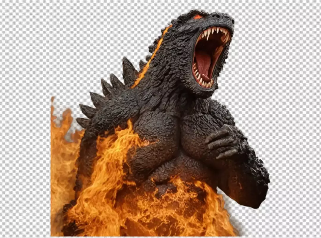 Powerful Godzilla Roaring Amidst Intense Flames with Glowing Red Eyes