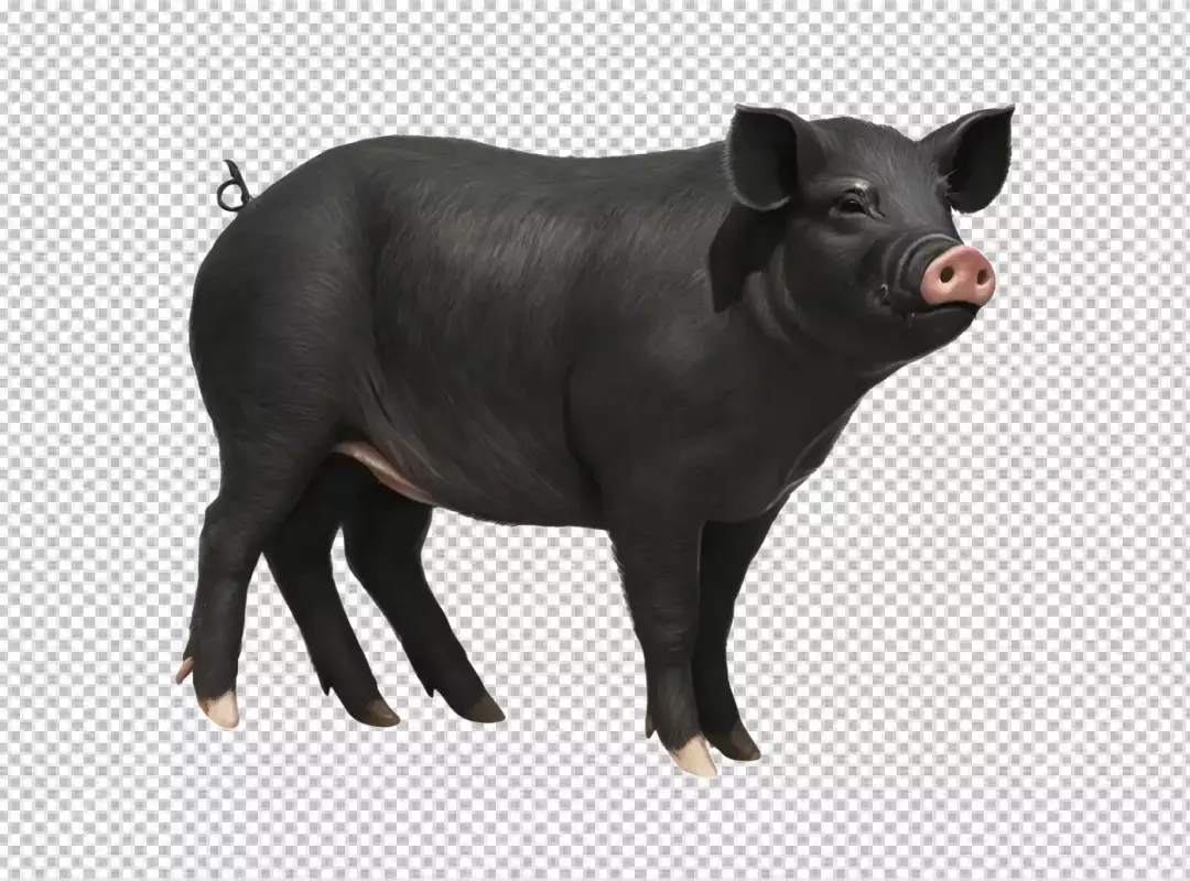 Sleek Black Pig with Pink Snout Standing on Clean White Background