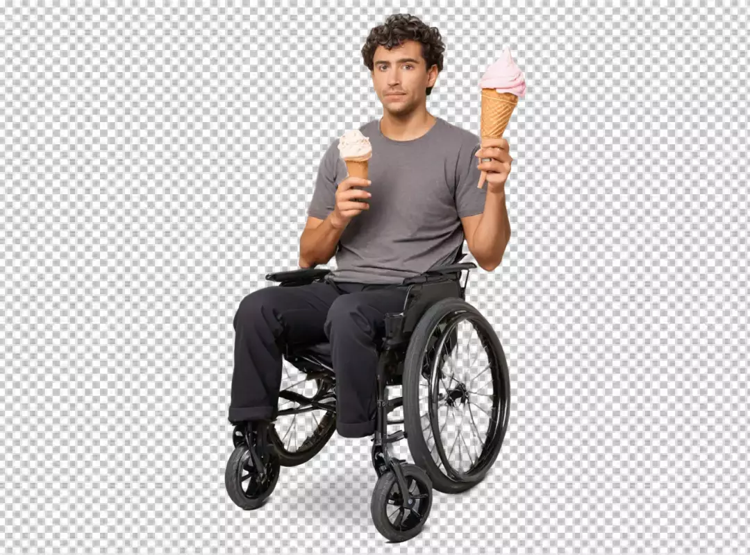 Young Man in Wheelchair Holding Two Ice Cream Cones Decision