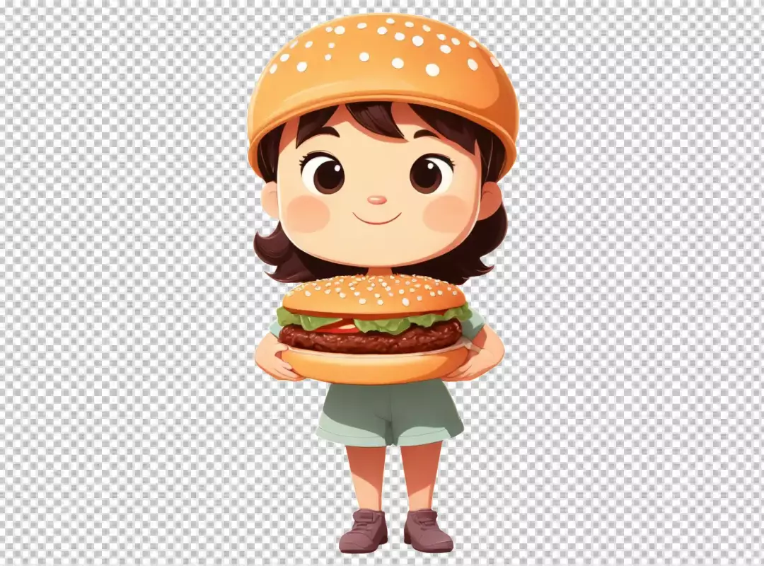 Joyful Cartoon Girl with Whimsical Bun Hat Posing with a Large Savory Patty Meal