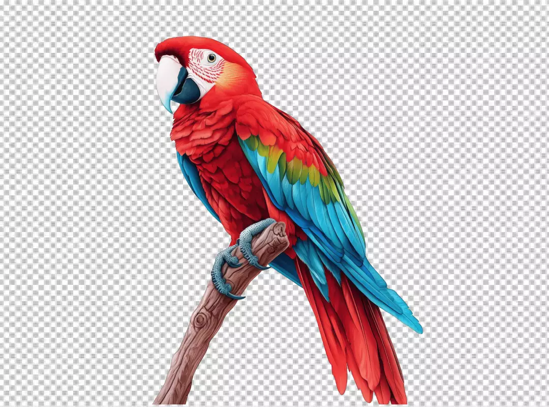 Vibrant Red Macaw Perched on Branch PNG Cutout for Exotic Bird Designs