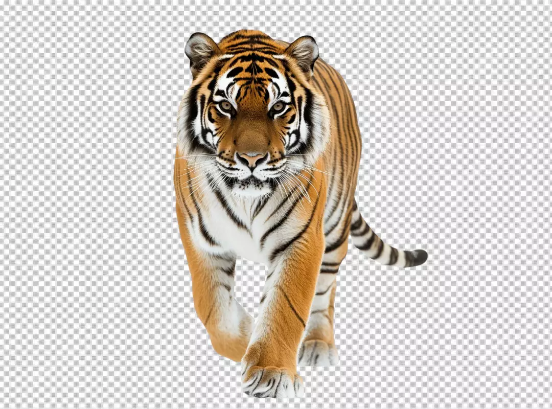 Majestic Bengal Tiger Walking Forward with Intense Gaze and Striking Stripes
