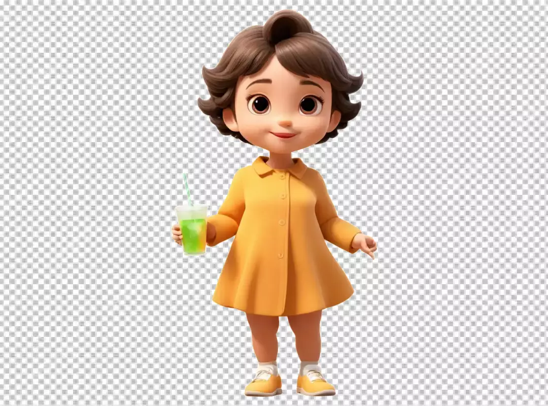 Cute 3D Animated Girl in Yellow Dress Holding a Refreshing Green Drink