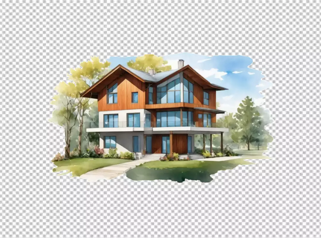 Modern Luxury Home Watercolor Illustration with Wooden Facade and Blue Sky
