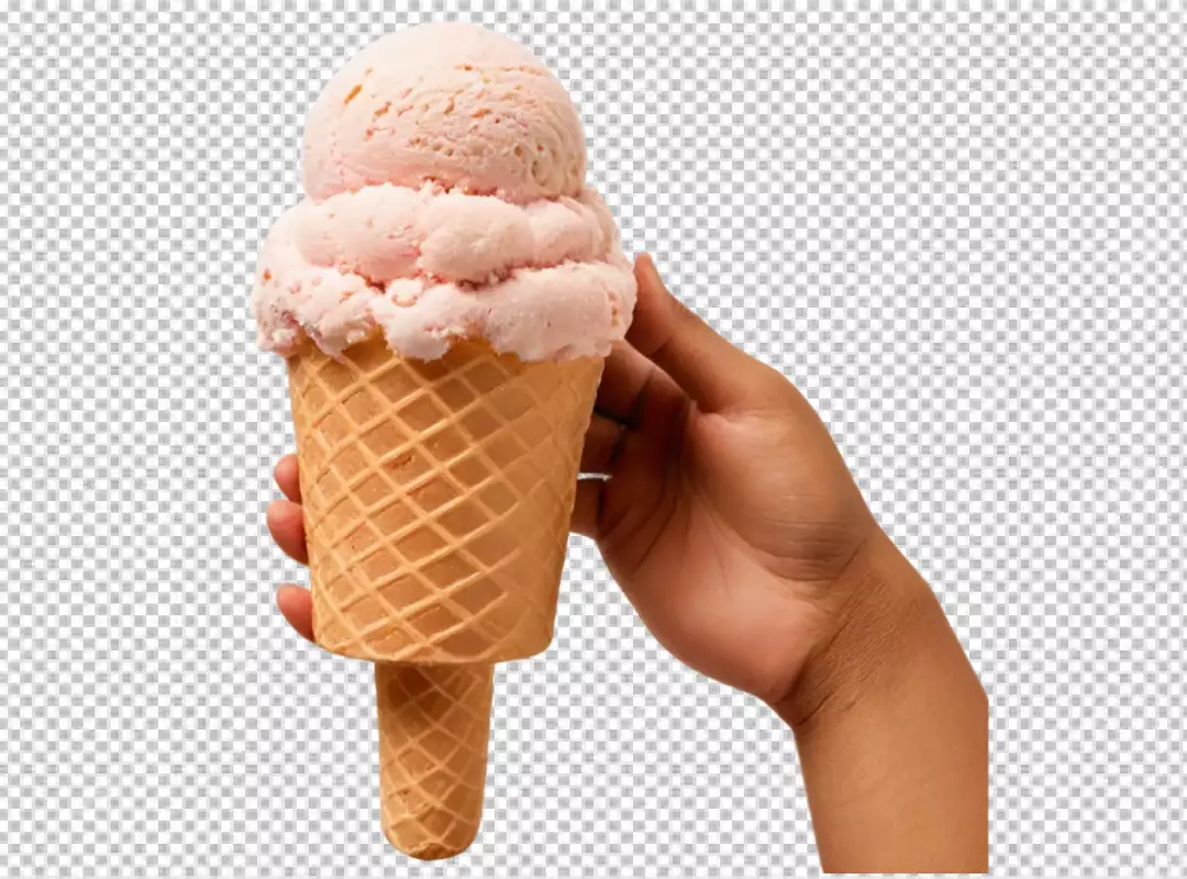 Hand Holding Double Scoop Pink Strawberry Ice Cream Cone Isolated on Transparent Background