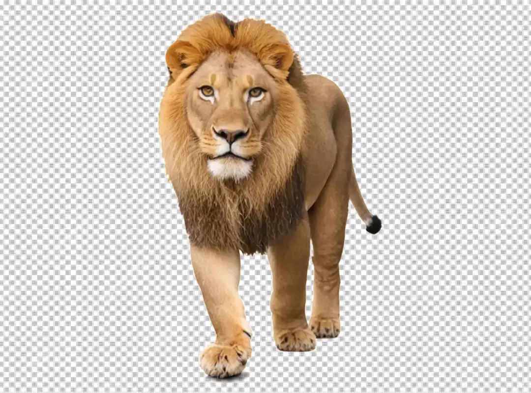 Majestic Male Lion with Golden Mane Walking Forward on White Background