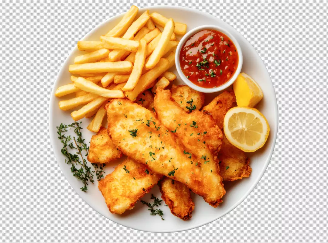 Delicious Golden Fried Fish and Chips with Sauce and Lemon Slice