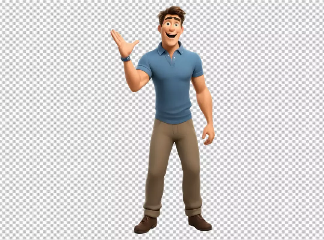 Happy 3D Animated Man Waving Hello in Casual Blue Polo Shirt and Khaki Pants