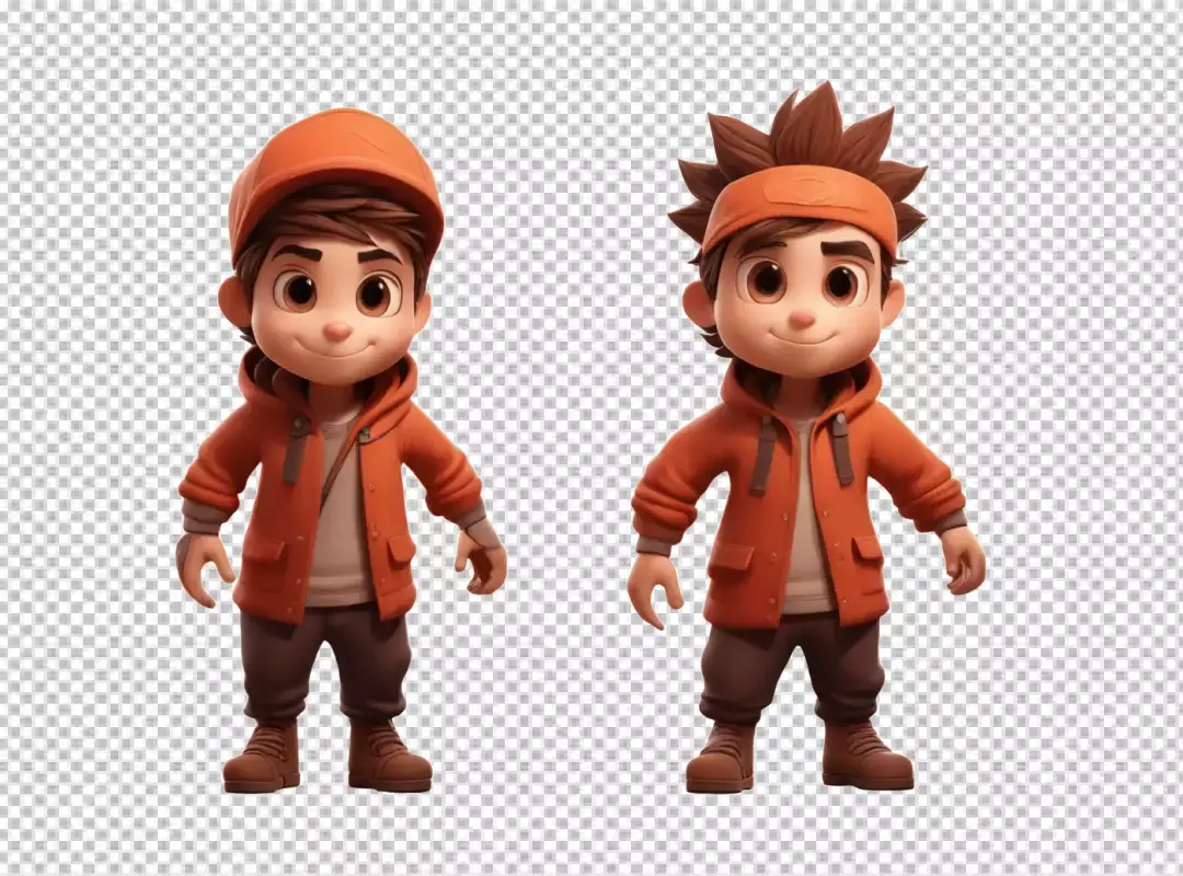 Cheerful 3D Cartoon Boys with Orange Attire and Different Headwear