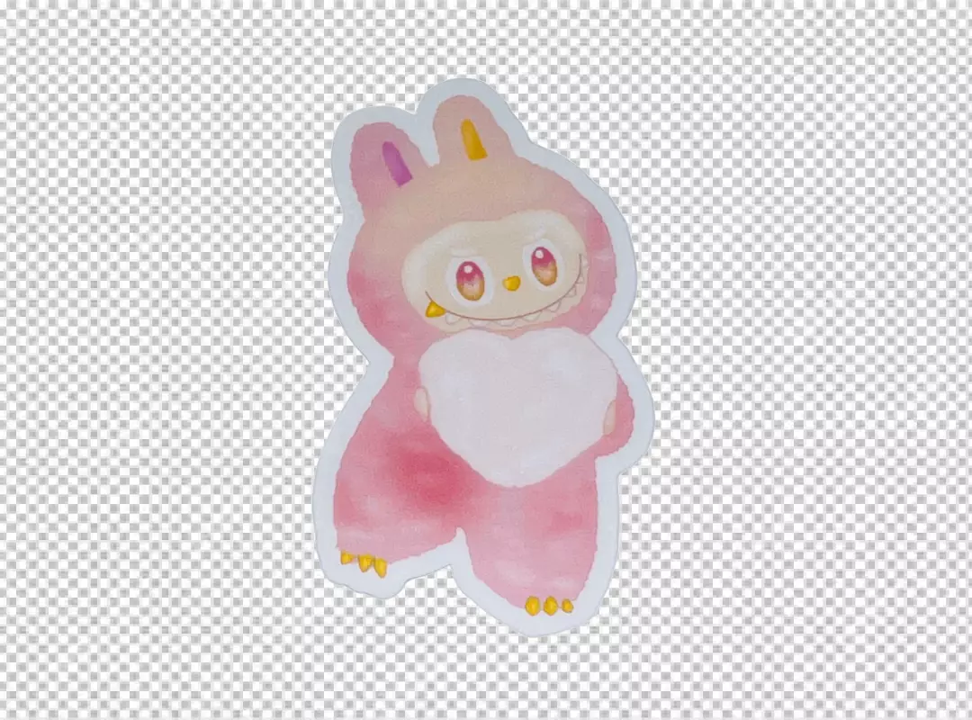 Cute Pink Fluffy Monster Character with Bunny Ears Holding a White Heart Watercolor Illustration