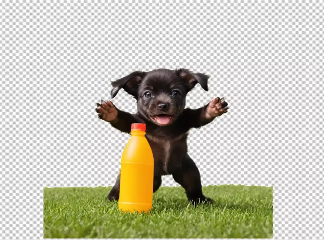 Adorable Black Puppy on Green Grass with Bright Orange Bottle, Ready to Play
