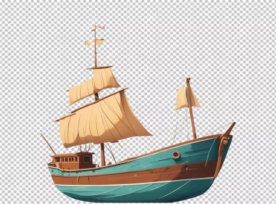 Classic Wooden Sailboat Featuring Large Beige Canvas Sails and Vibrant Teal Detailing