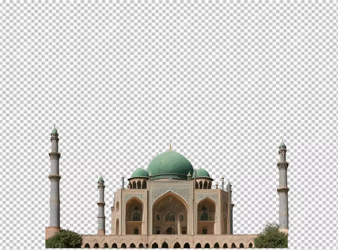 Majestic Islamic Mosque with Green Domes and Intricate Minarets Isolated