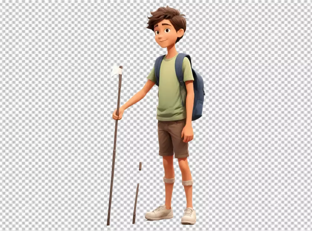 Smiling 3D Character Boy with Backpack and Trekking Pole