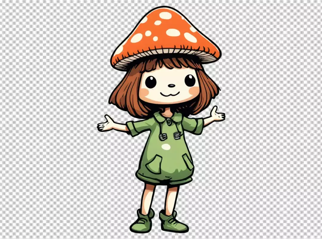 Cute Cartoon Girl with Mushroom Hat, Happy Whimsical Fantasy Character Illustration
