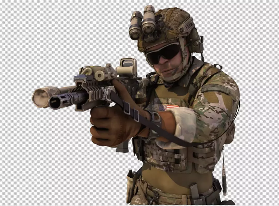 Special Forces Soldier in Camouflage with Tactical Rifle and Night Vision