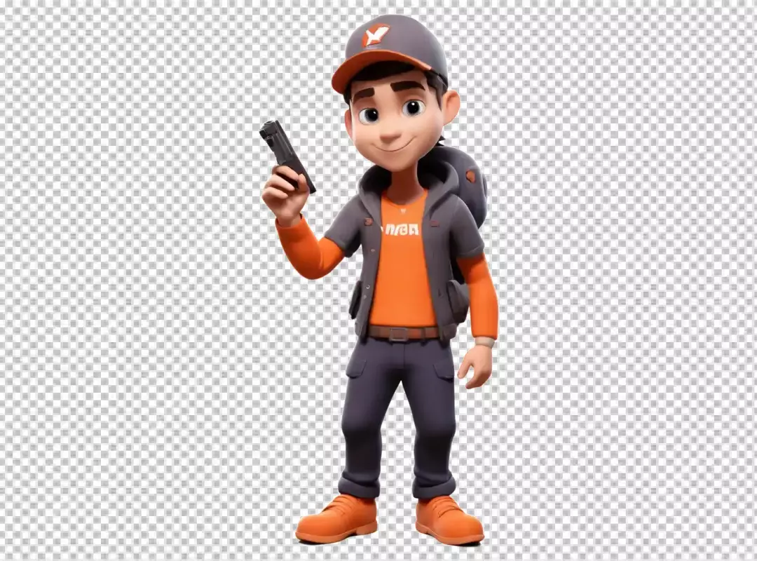 Smiling 3D Animated Young Man in Cap and Backpack Holding a Small Device