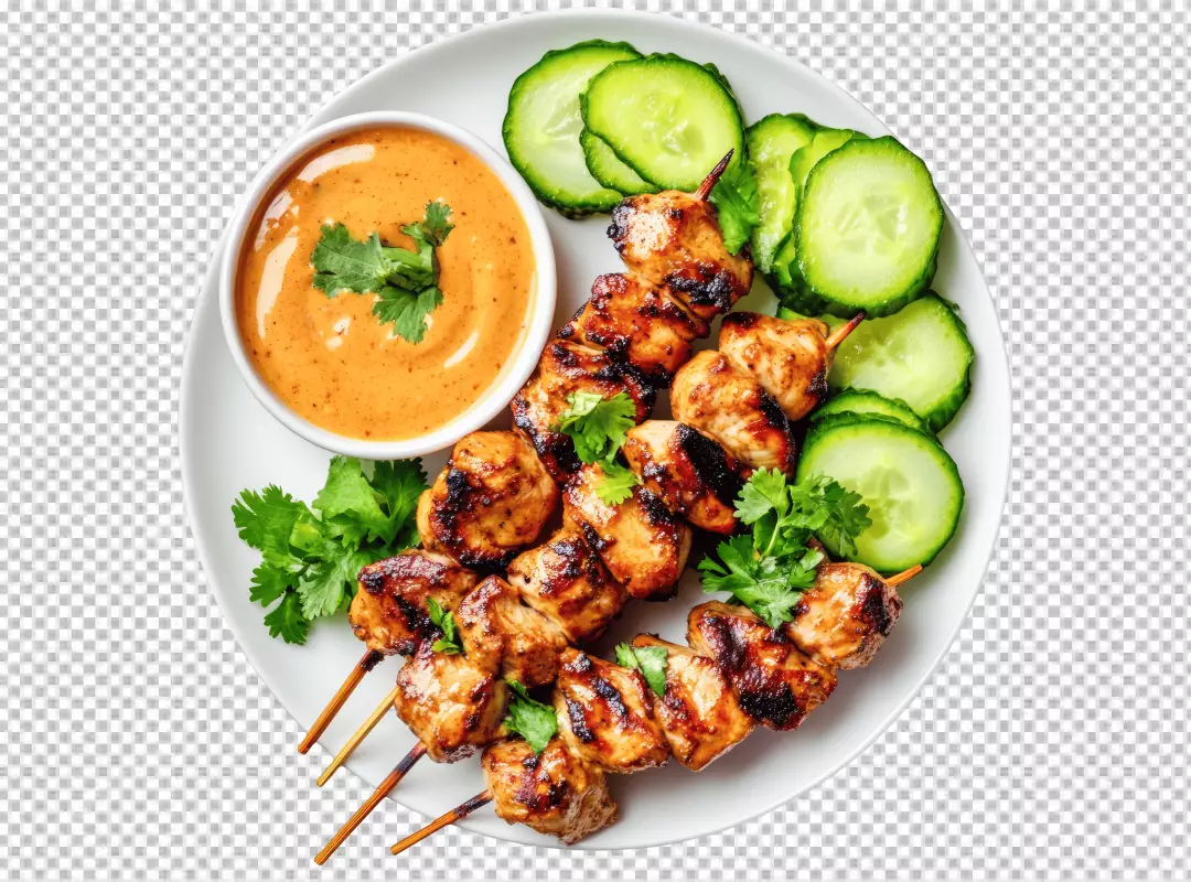 Delicious Chicken Satay Skewers with Creamy Peanut Sauce and Fresh Cucumbers