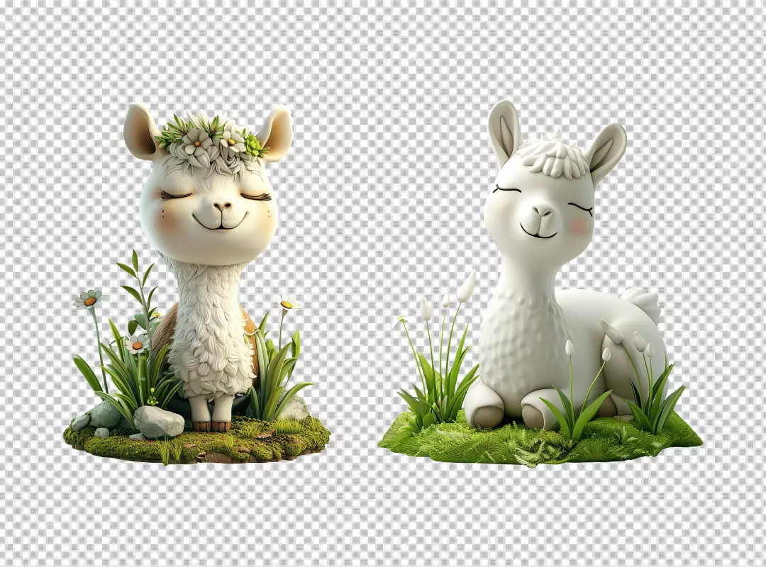 Adorable Llama Figurines Smiling in Lush Greenery with Delicate Flowers