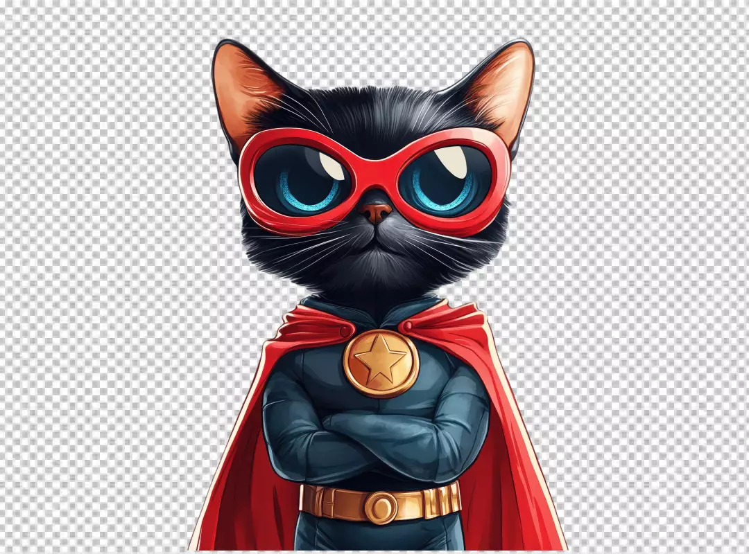 Adorable Superhero Black Cat with Red Cape and Glasses PNG Cutout