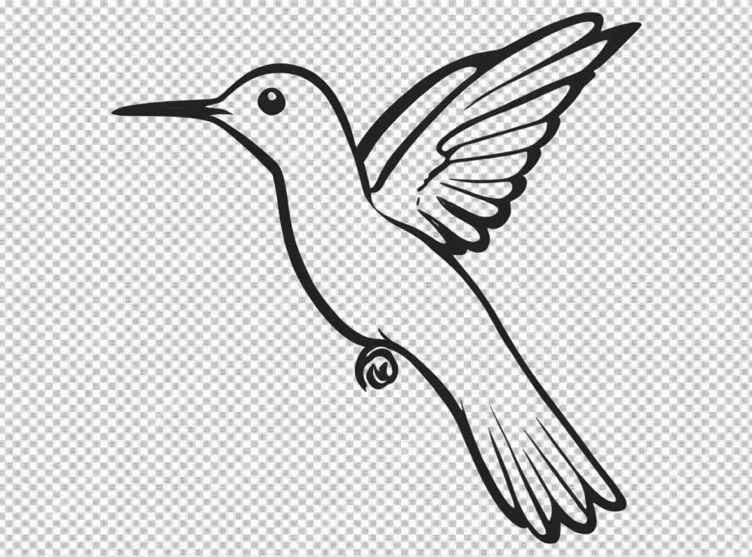 Elegant Black and White Outline Drawing of a Hummingbird in Graceful Flight with Wings Spread