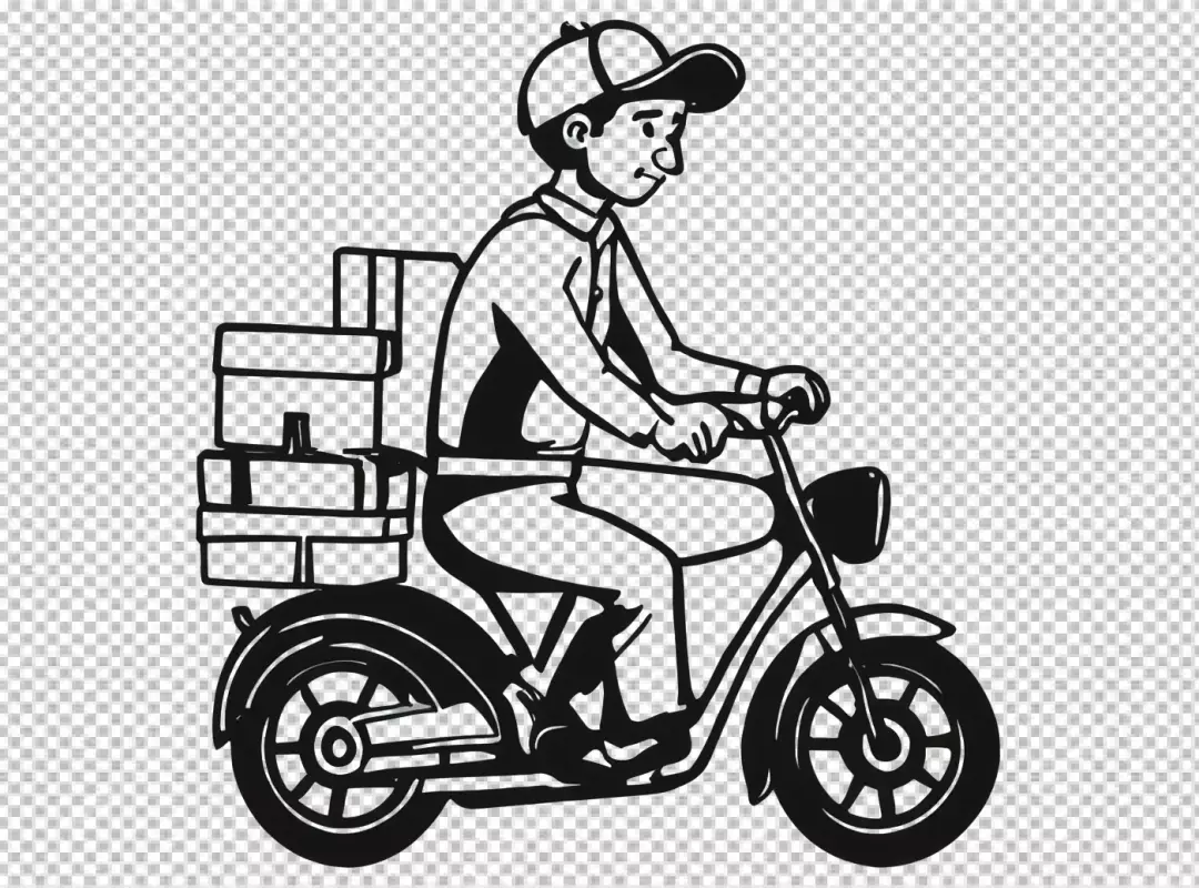 Monochrome Illustration of Delivery Person on Moped with Stacked Boxes