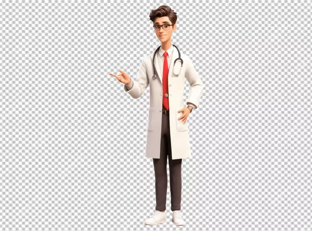 Smiling 3D Animated Male Doctor in White Coat Pointing, Healthcare Professional