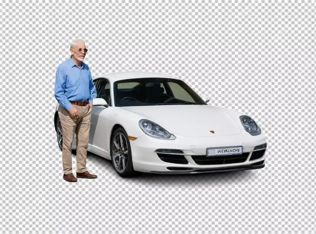 Elegant Elderly Gentleman Standing Proudly by His Luxurious White Sports Coupe