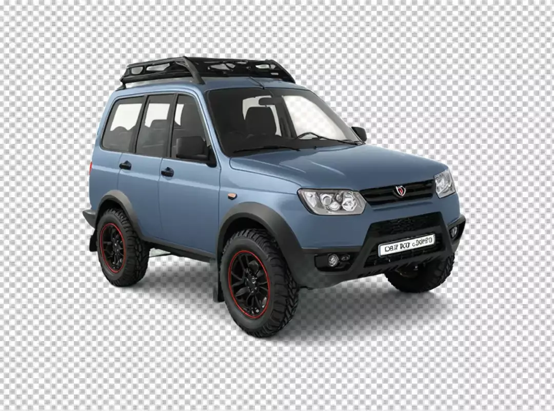 Blue All-Terrain SUV with Roof Rack and Rugged Tires on White Background