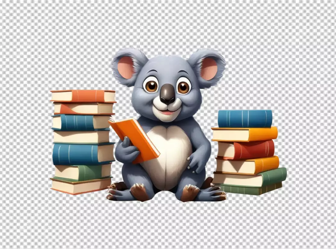 Adorable Koala Mascot Character Enjoying a Book Surrounded by Colorful Books
