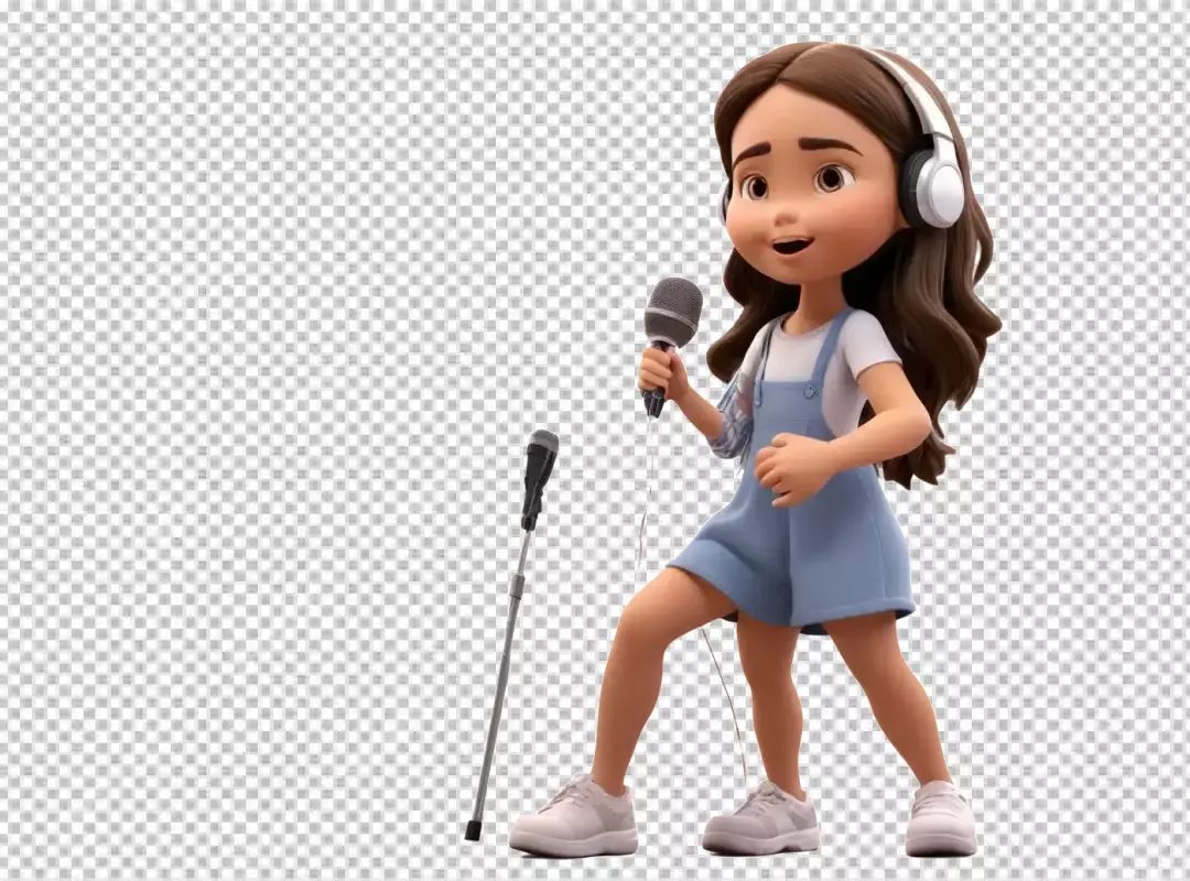 Cute 3D Animated Girl in Overalls Joyfully Performing Music with Microphone and Headphones