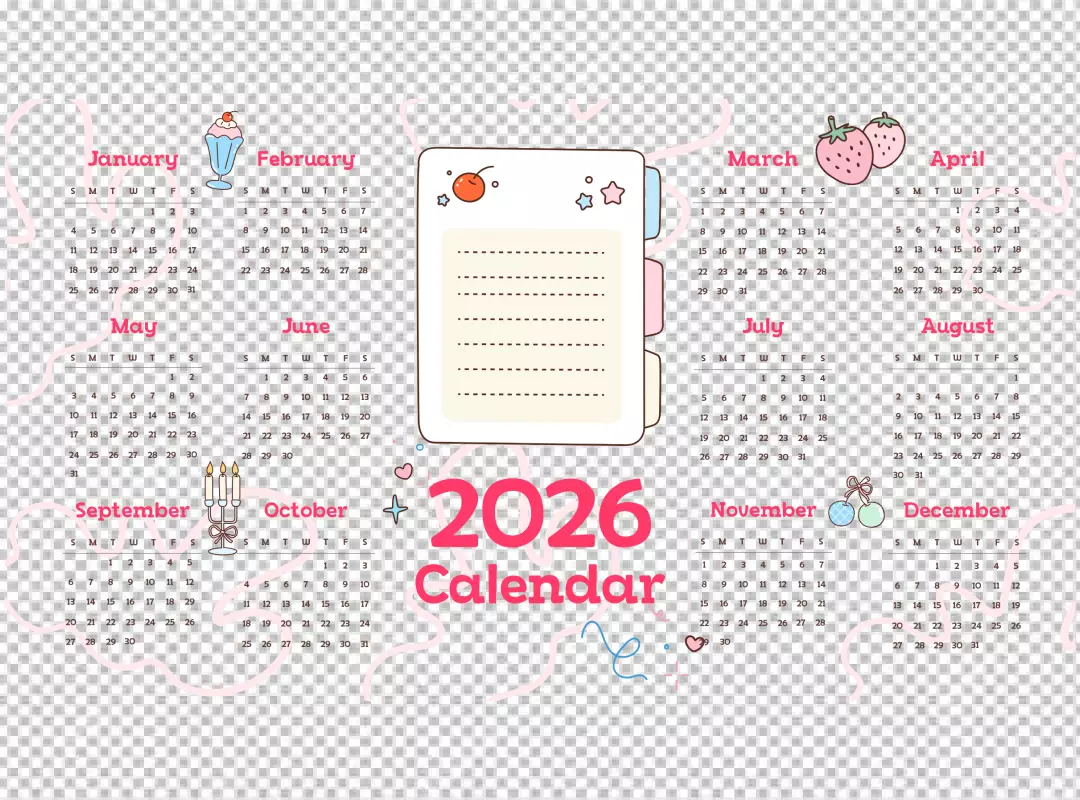 Cute Doodle 2026 Yearly Calendar Design with Monthly Illustrations and Notepad
