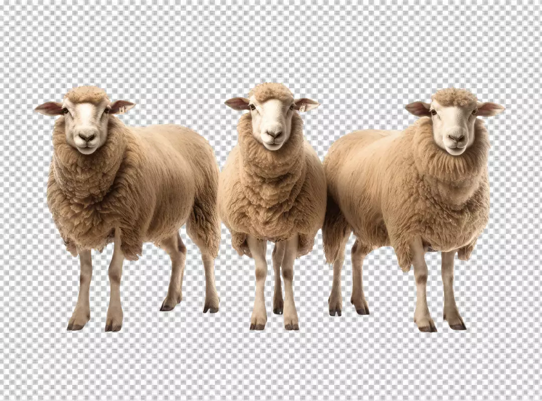 Three Fluffy Brown Sheep Standing Front View Cute Farm Animals