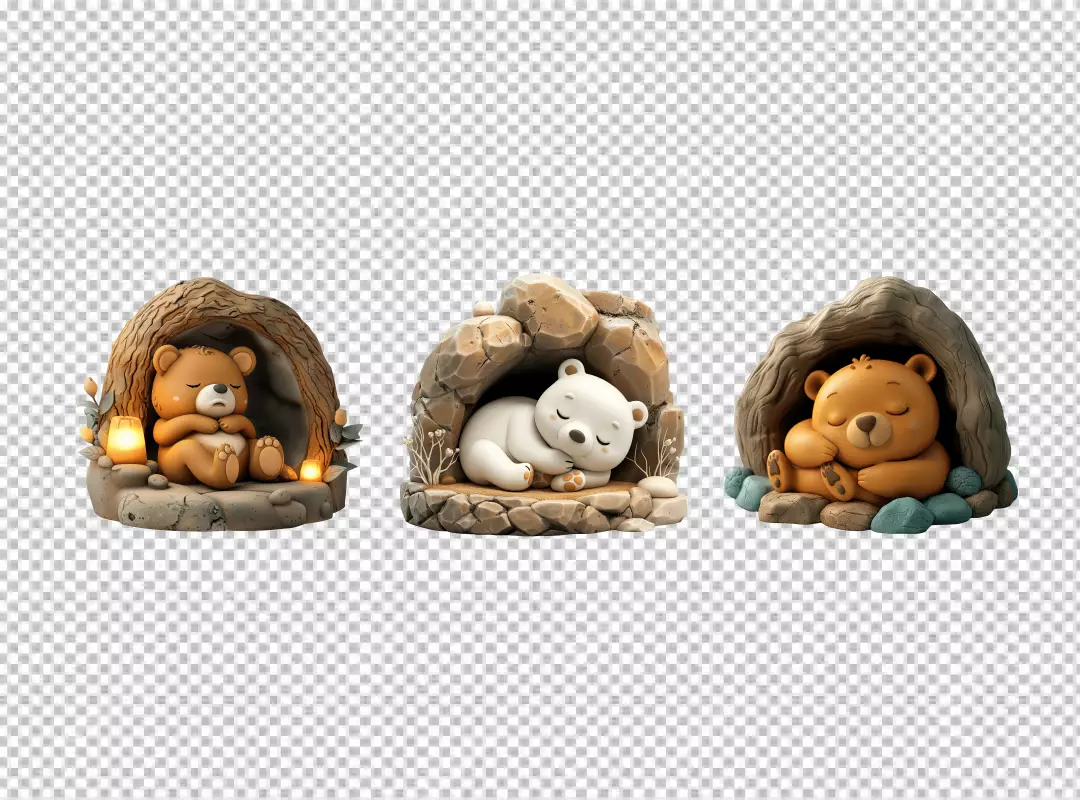 Three Adorable Sleeping Bears Cozying Up in Whimsical Forest Dens PNG Cutout