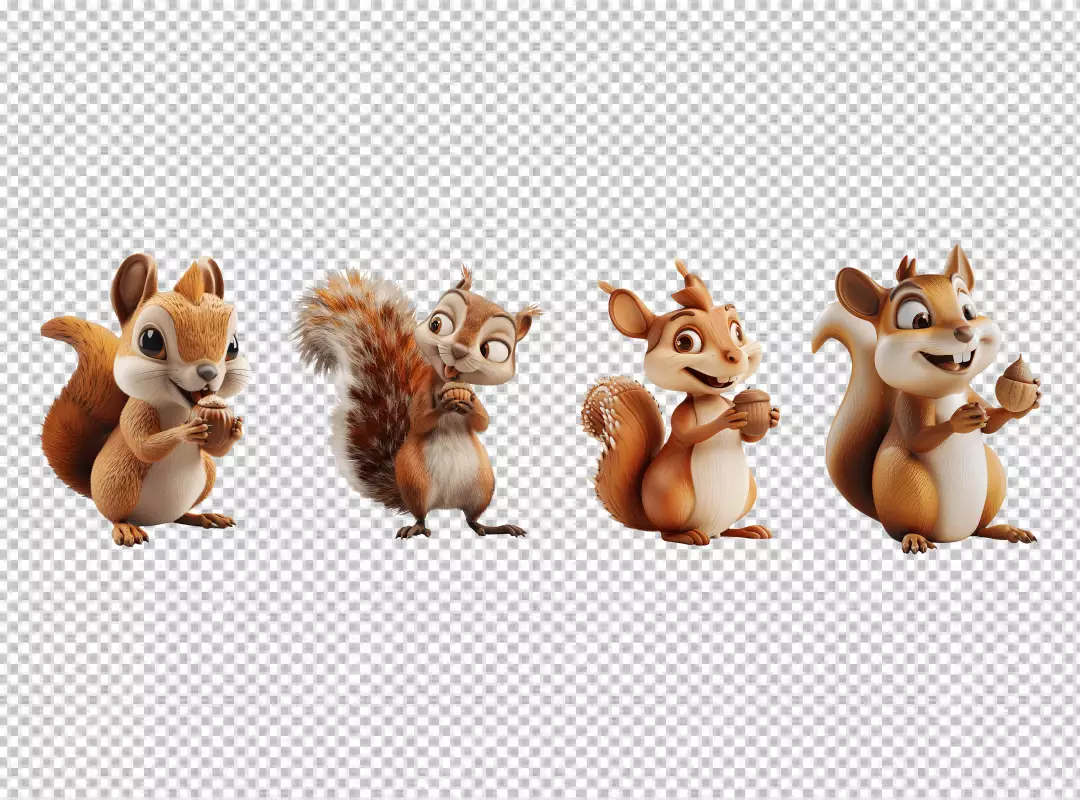 Set of Funny Cartoon Squirrels Posing with Acorns for Playful Design