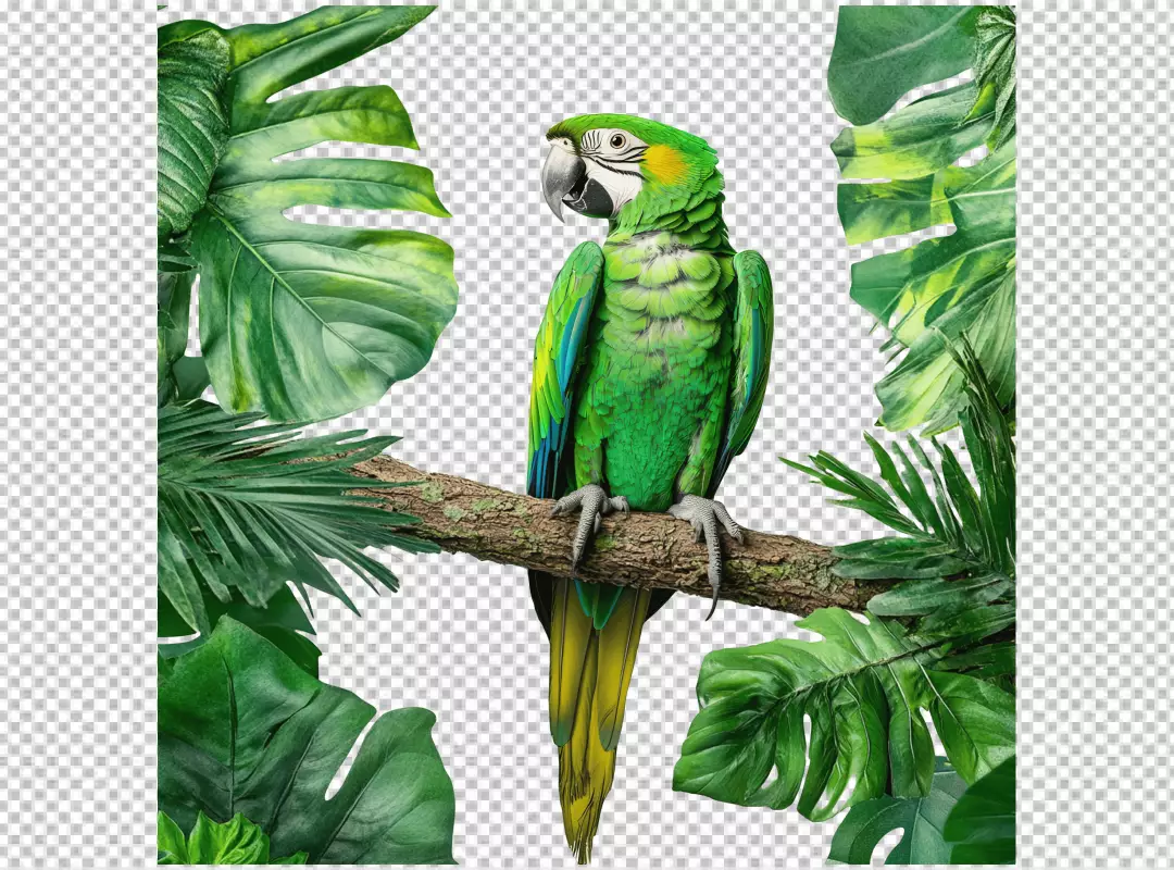 Vibrant Green Parrot Perched on Branch with Tropical Leaves PNG Cutout