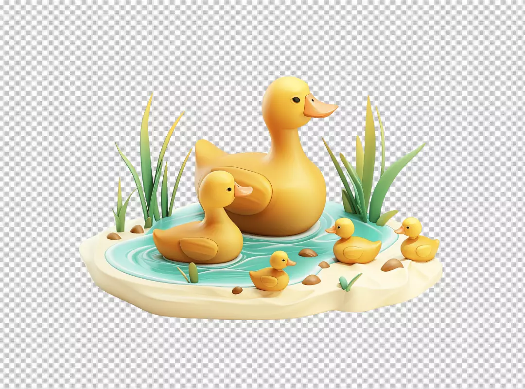 Cute 3D Duck Family Floating in a Pond Playful Yellow Ducklings for Kids' Design HD PNG