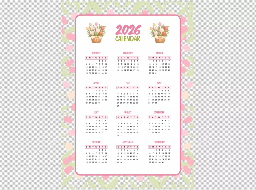 Elegant Floral 2026 Yearly Calendar with Pink Tulips and Green Leaves