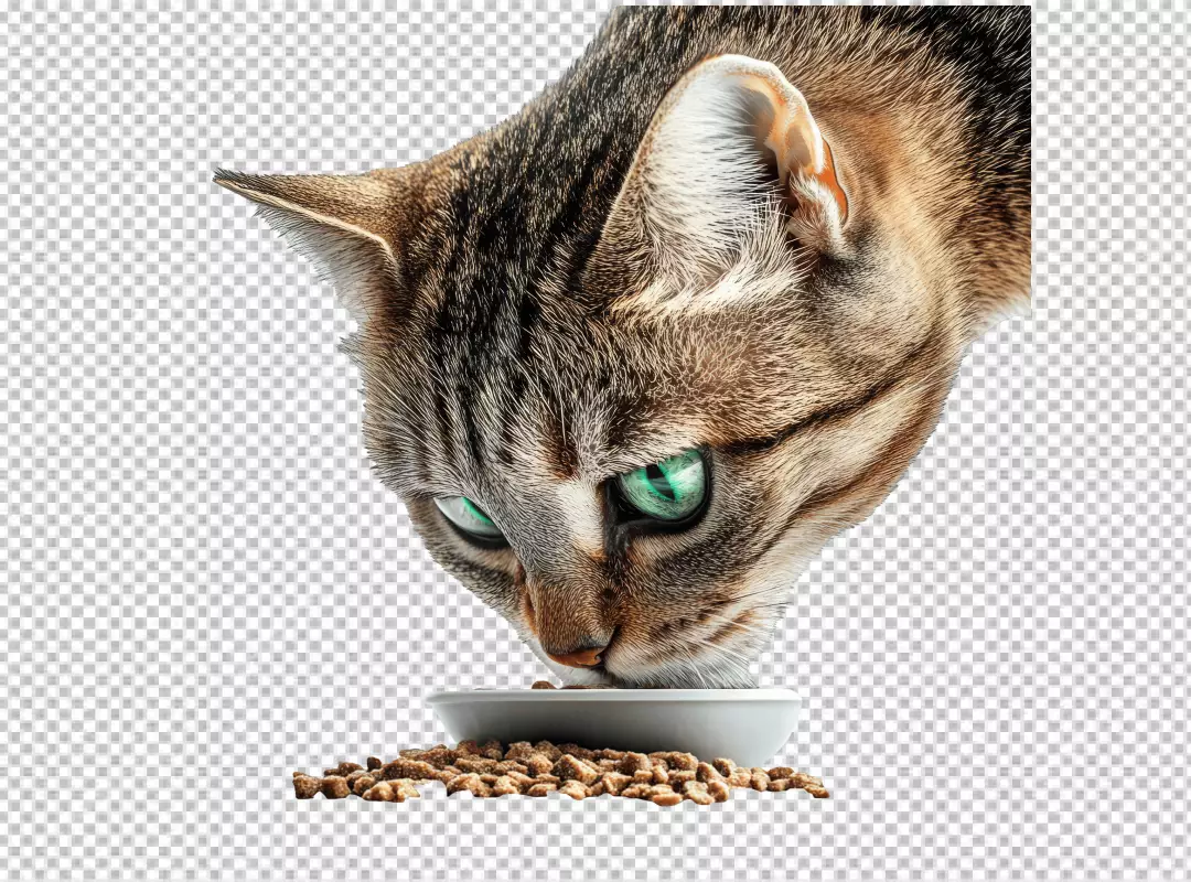 Tabby Cat Eating Dry Food from Bowl PNG Image - Pet Nutrition Cutout