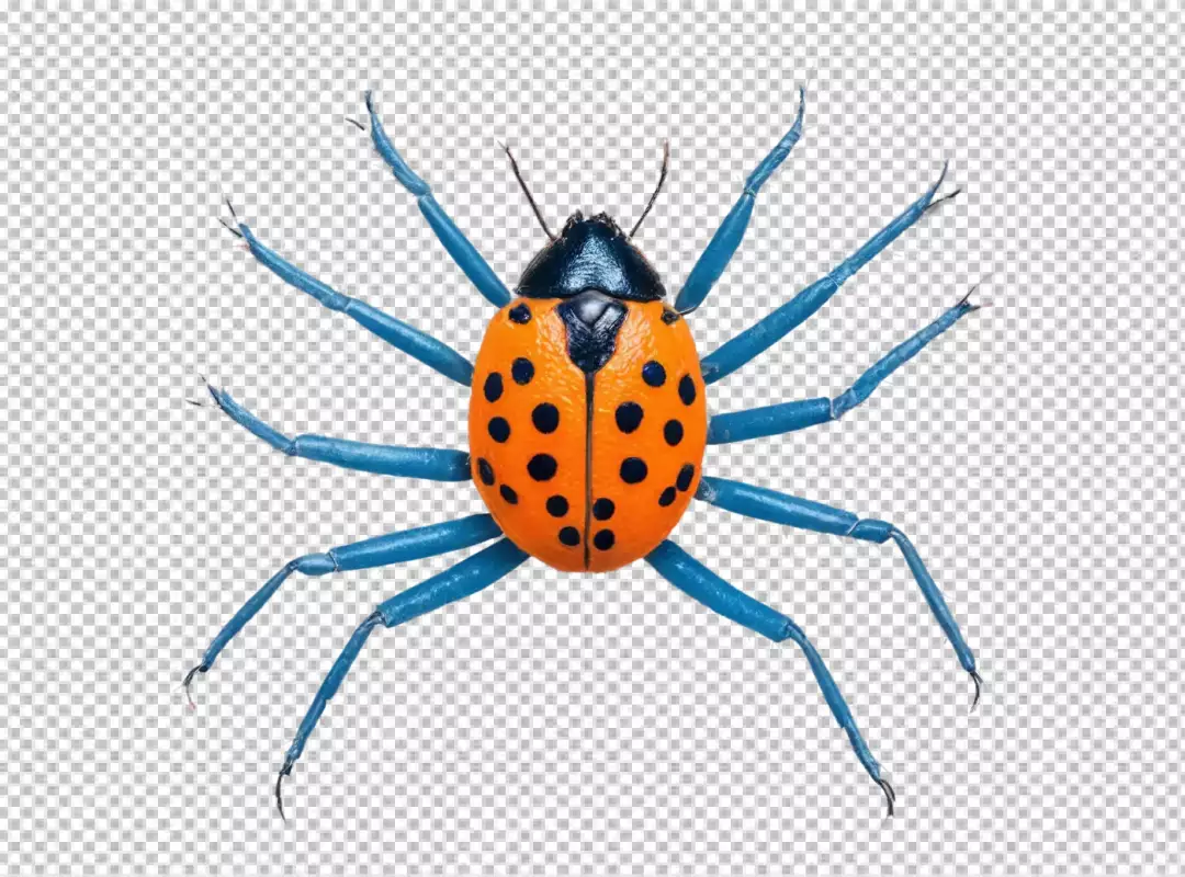 Vibrant Orange Beetle with Blue Legs and Black Spots on White Background