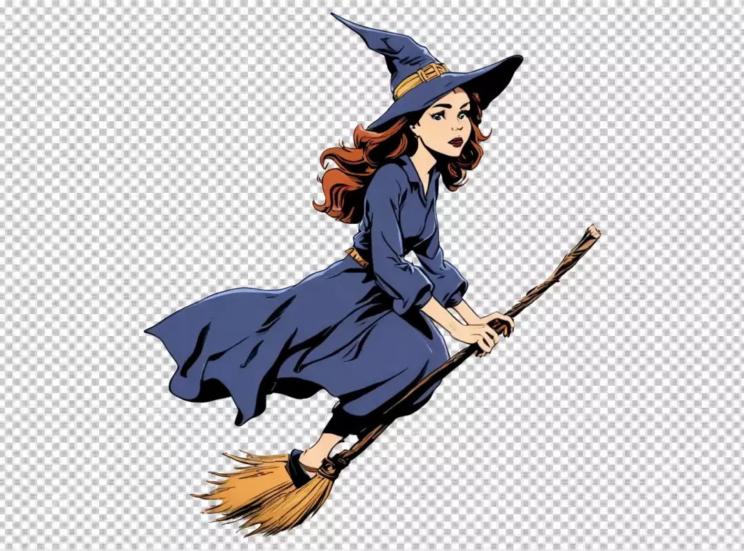 Dynamic Cartoon Witch Character Flying on Magical Broom for Halloween Festivities