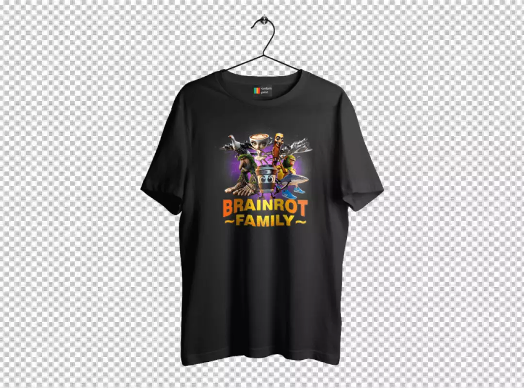 Quirky Brainrot Family T-Shirt Mockup with Surreal Characters Print