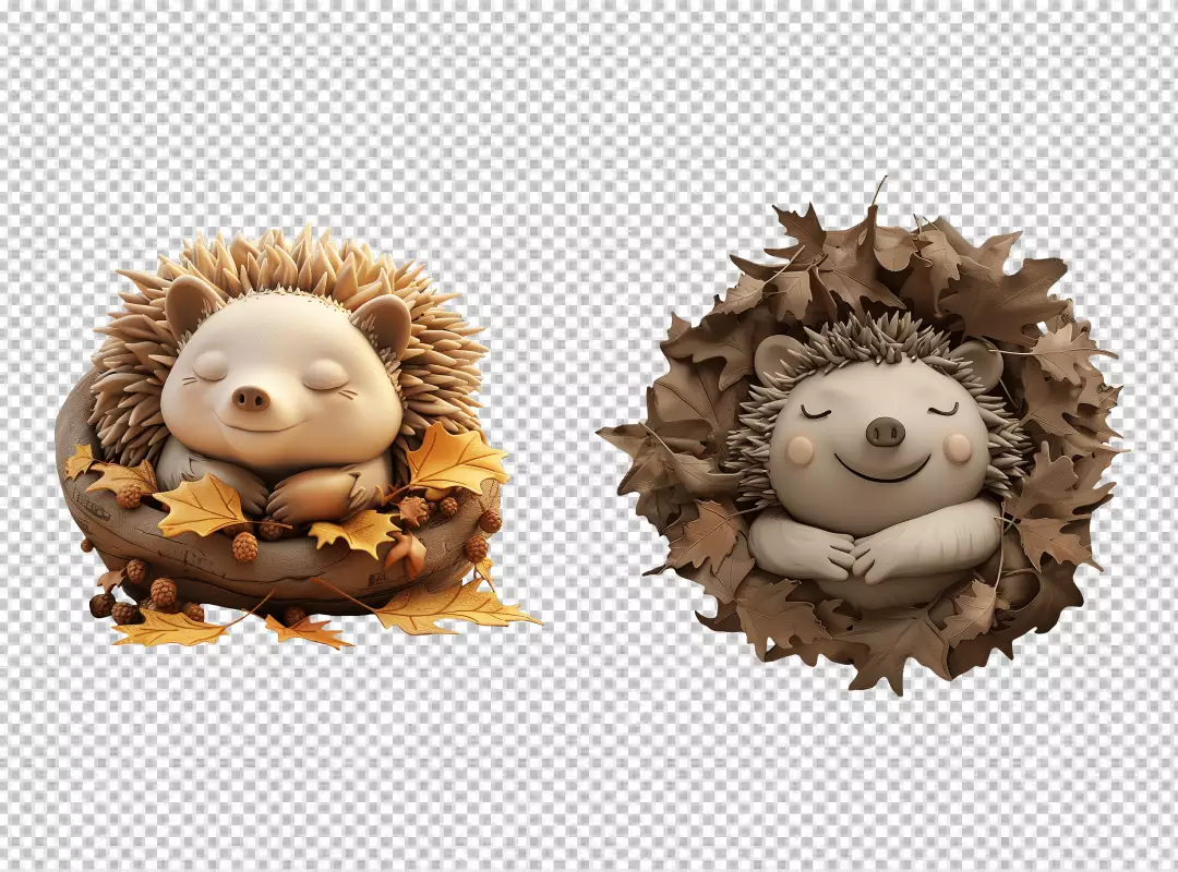 Adorable 3D Rendered Sleeping Hedgehogs with Autumn Leaves and Pinecones PNG